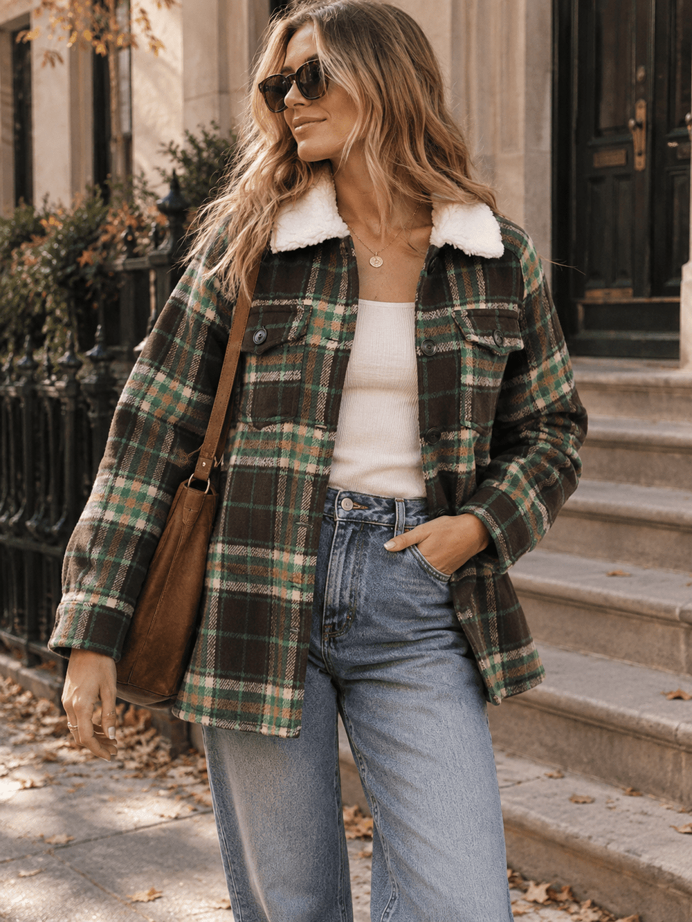 WOMEN'S LONG SLEEVE BUTTON CLOSURE FRONT POCKETS SHERPA COLLAR PLAID JACKET
