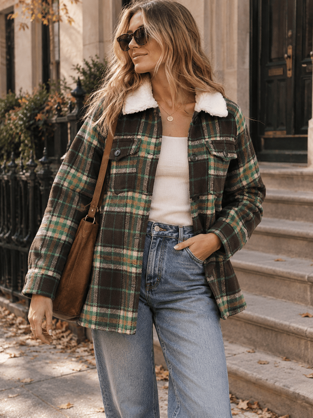 WOMEN'S LONG SLEEVE BUTTON CLOSURE FRONT POCKETS SHERPA COLLAR PLAID JACKET