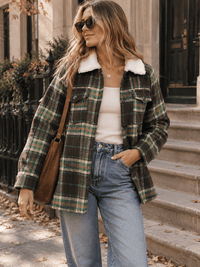 WOMEN'S LONG SLEEVE BUTTON CLOSURE FRONT POCKETS SHERPA COLLAR PLAID JACKET
