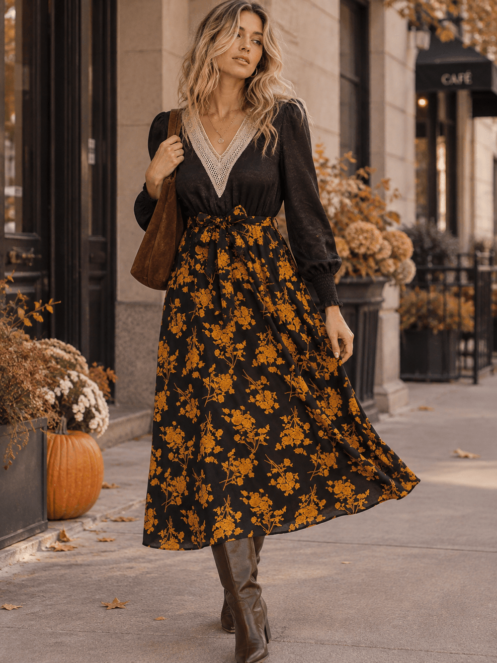 WOMEN'S LONG SLEEVE V-NECK SELF TIE FLORAL MIDI DRESS