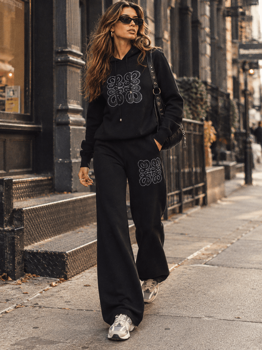 HALFHEART WOMEN'S LONG SLEEVE HOODED PULLOVER SWEATER & ELASTIC WAIST WIDE LEG PANTS GRAPHIC EMBROIDERY DETAILED 2PC. SET