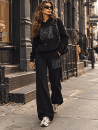HALFHEART WOMEN'S LONG SLEEVE HOODED PULLOVER SWEATER & ELASTIC WAIST WIDE LEG PANTS GRAPHIC EMBROIDERY DETAILED 2PC. SET