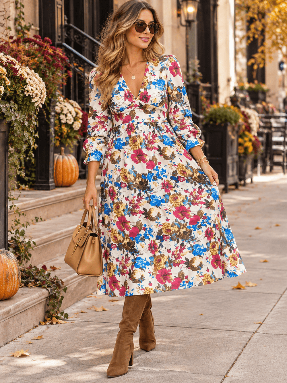WOMEN'S 3/4 SLEEVES V-NECK ELASTIC WAIST FLORAL PRINT MIDI DRESS