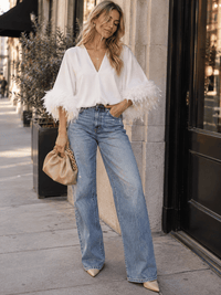 WOMEN'S SHORT TRIM DETAILED SLEEVE SURPLICE SATIN BODYSUIT