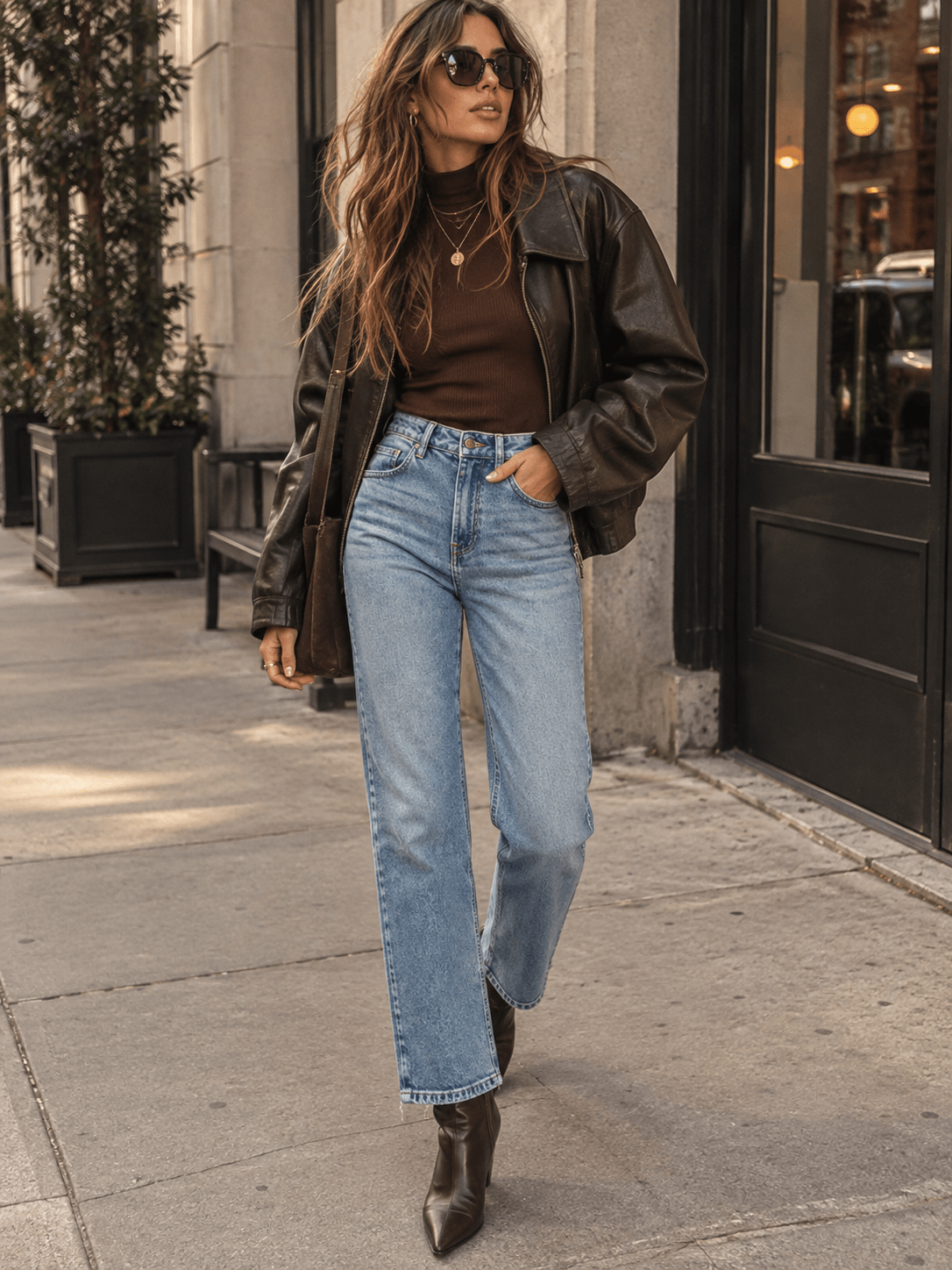 WOMEN'S BUTTON CLOSURE POCKETS STRAIGHT LEG STRETCH DENIM PANTS