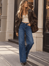 WOMEN'S BUTTON CLOSURE POCKETS WIDE LEG WASHED DENIM PANTS