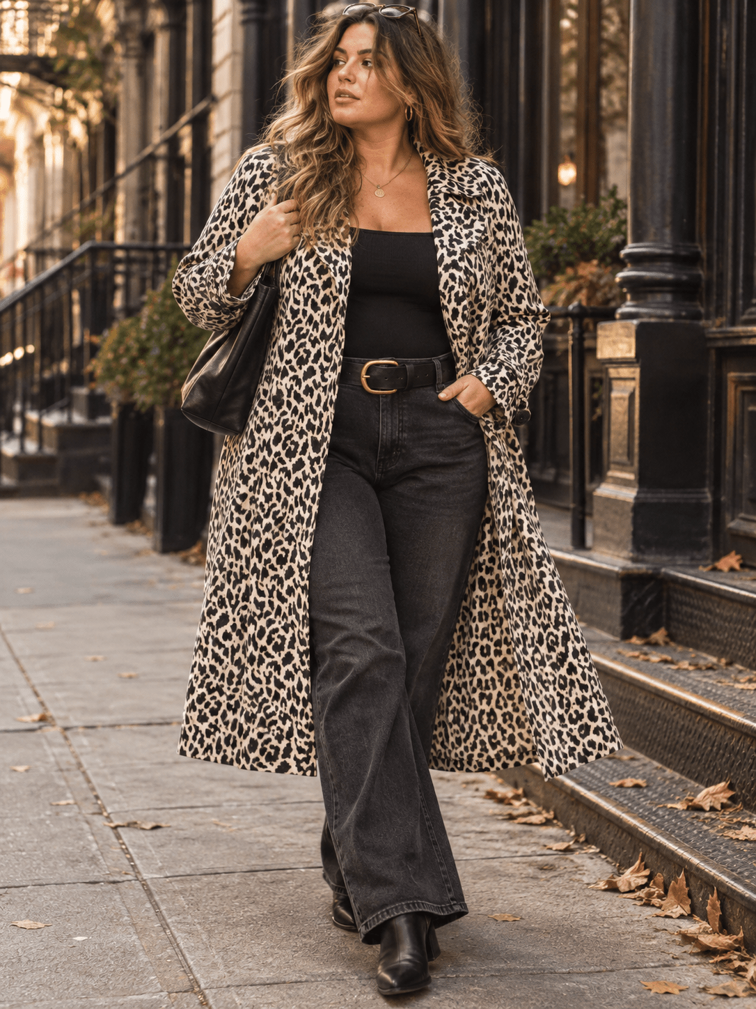 PLUS SIZE LONG SLEEVE OPEN FRONT POCKETS ADJUSTABLE WAIST ANIMAL PRINT CARDIGAN
