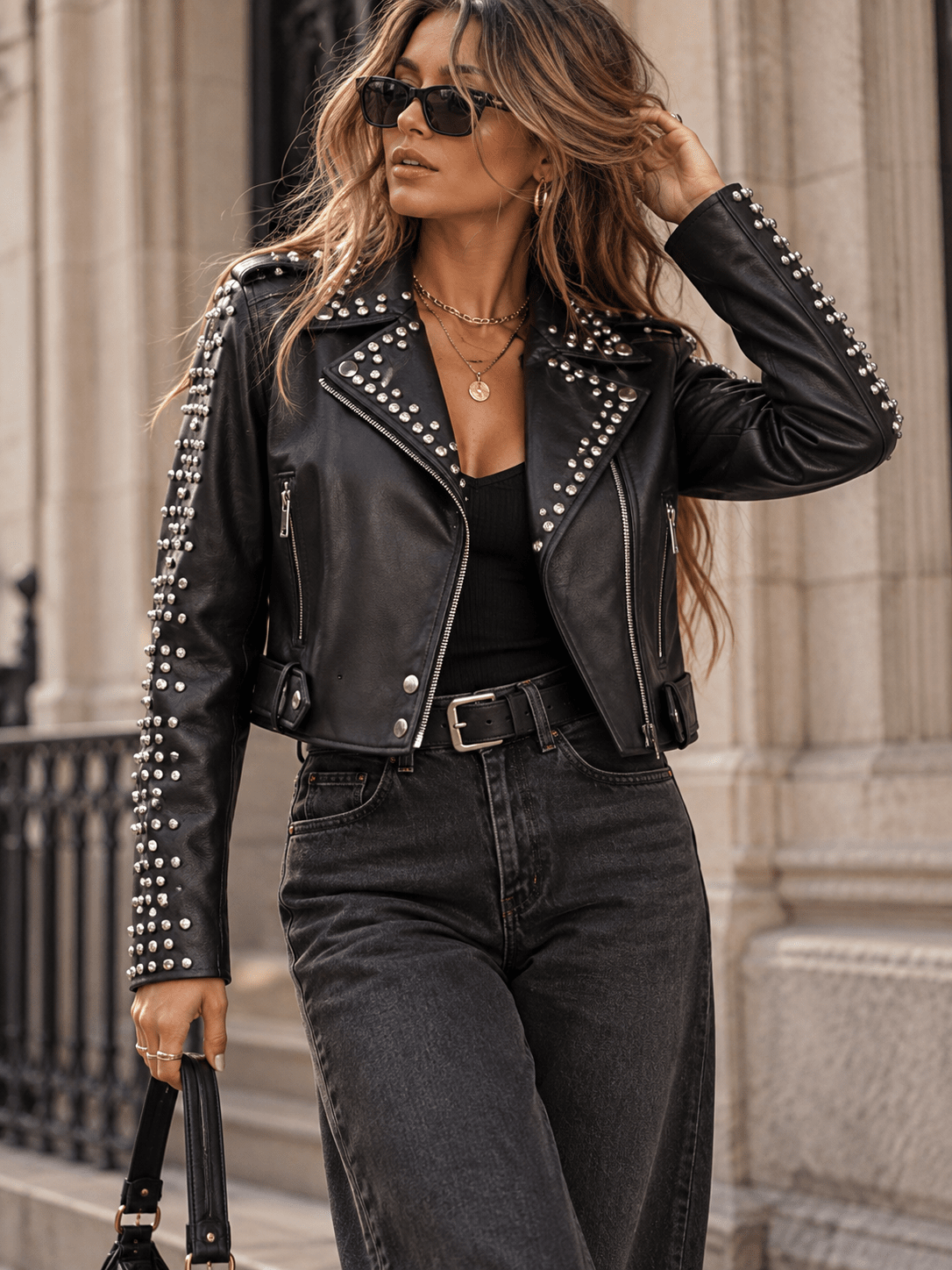 WOMEN'S LONG SLEEVE ZIP UP FRONT POCKETS PU PLEATHER STUDS JACKET