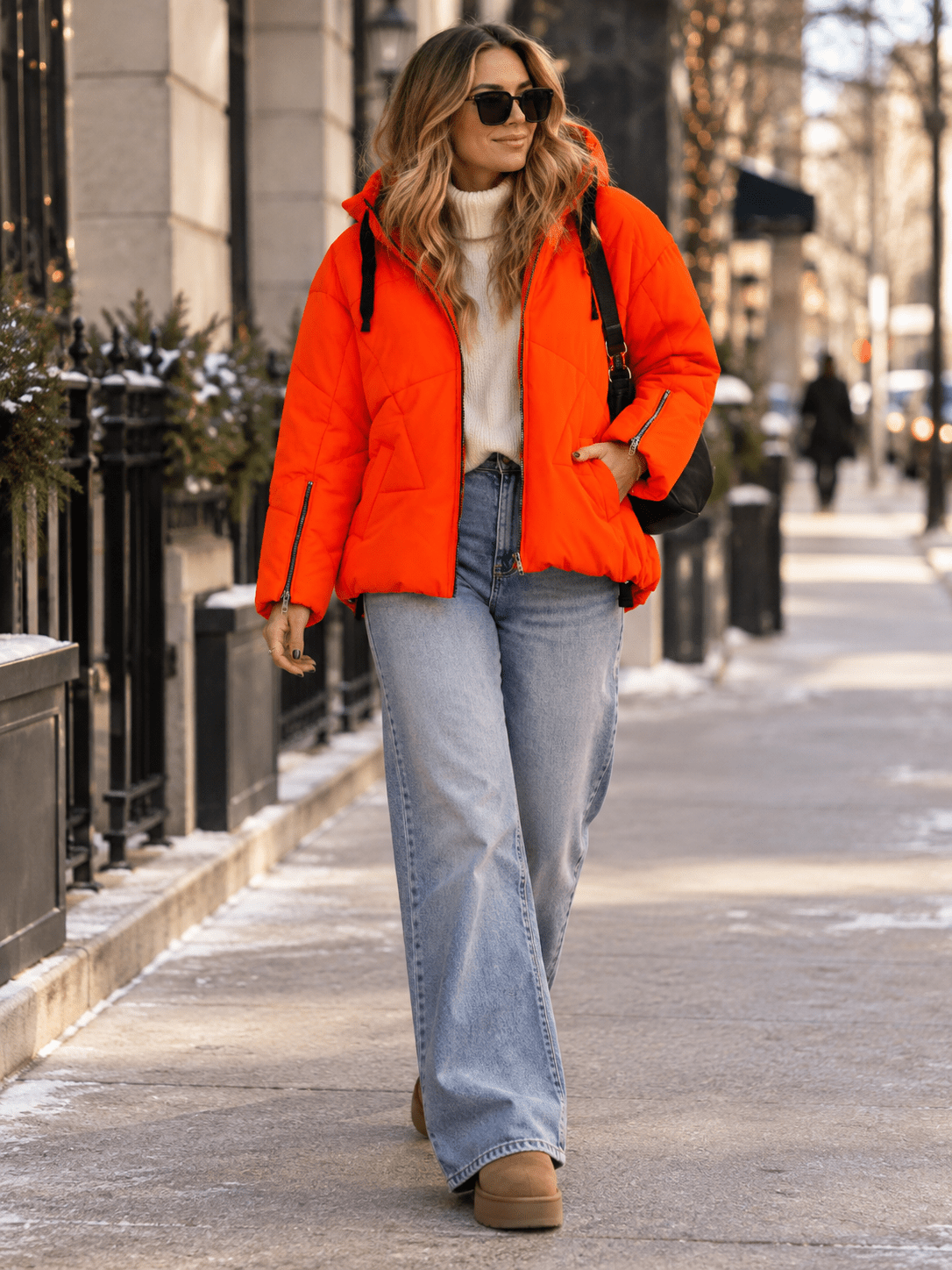 WOMEN'S LONG SLEEVE ZIP UP FRONT POCKETS ADJUSTABLE WAIST HOODED PUFFER JACKET