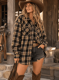 WOMEN'S LONG SLEEVE BUTTON UP FRONT POCKETS BACK FRINGE PLAID SHACKET