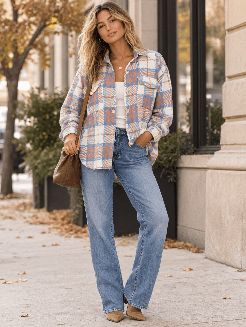 WOMEN'S LONG SLEEVE BUTTON UP FRONT POCKETS PLAID JACKET