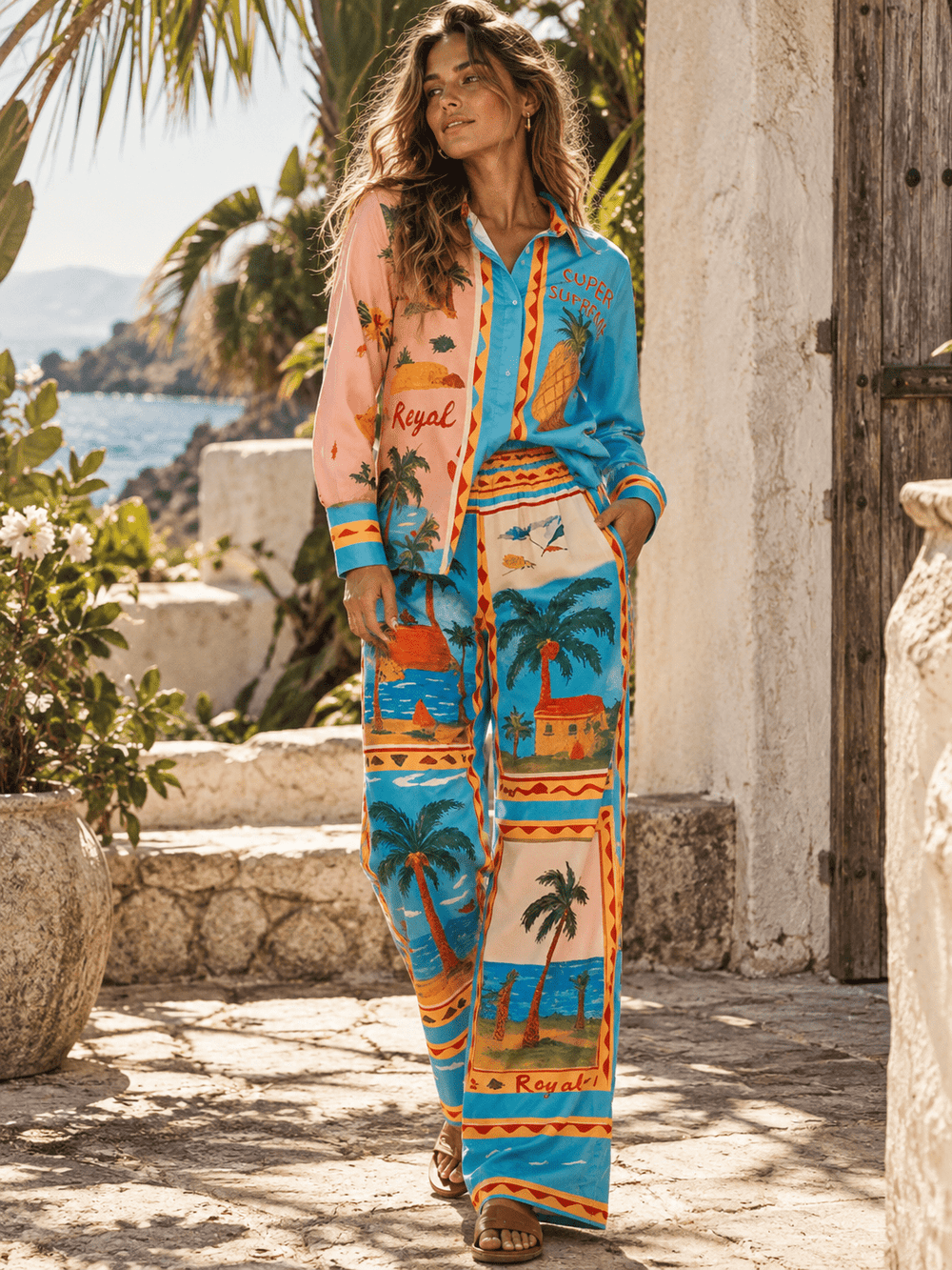HALFHEART WOMEN'S LONG SLEEVE BUTTON UP TOP & ELASTIC WAIST WIDE LEG PANTS MULTI PRINT 2PC. SET