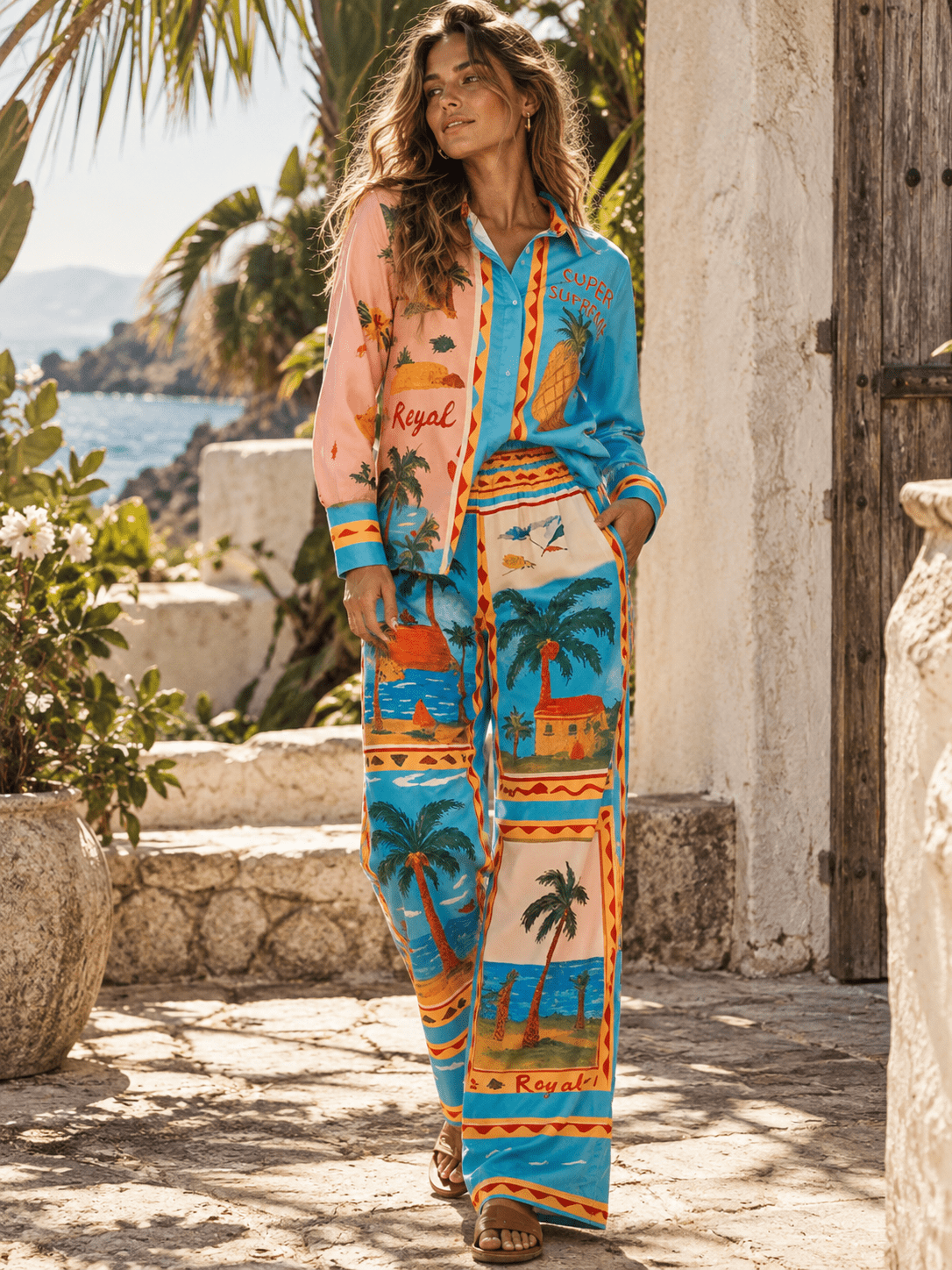 HALFHEART WOMEN'S LONG SLEEVE BUTTON UP TOP & ELASTIC WAIST WIDE LEG PANTS MULTI PRINT 2PC. SET