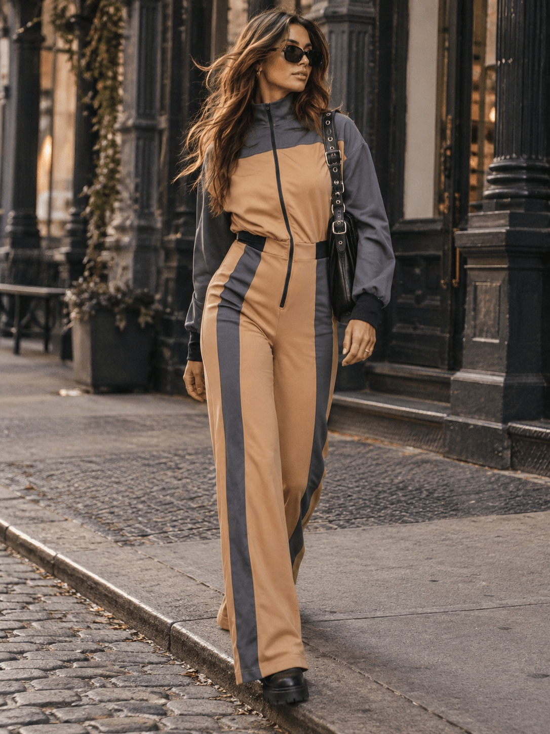 HALFHEART WOMEN'S LONG SLEEVE MOCK NECK ZIP UP COLORBLOCK WIDE LEG JUMPSUIT