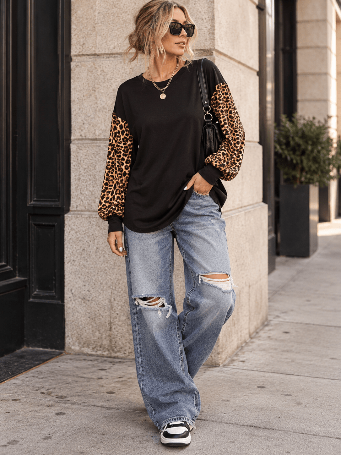 WOMEN'S LONG SLEEVE ANIMAL PRINT LOOSE FIT TOP