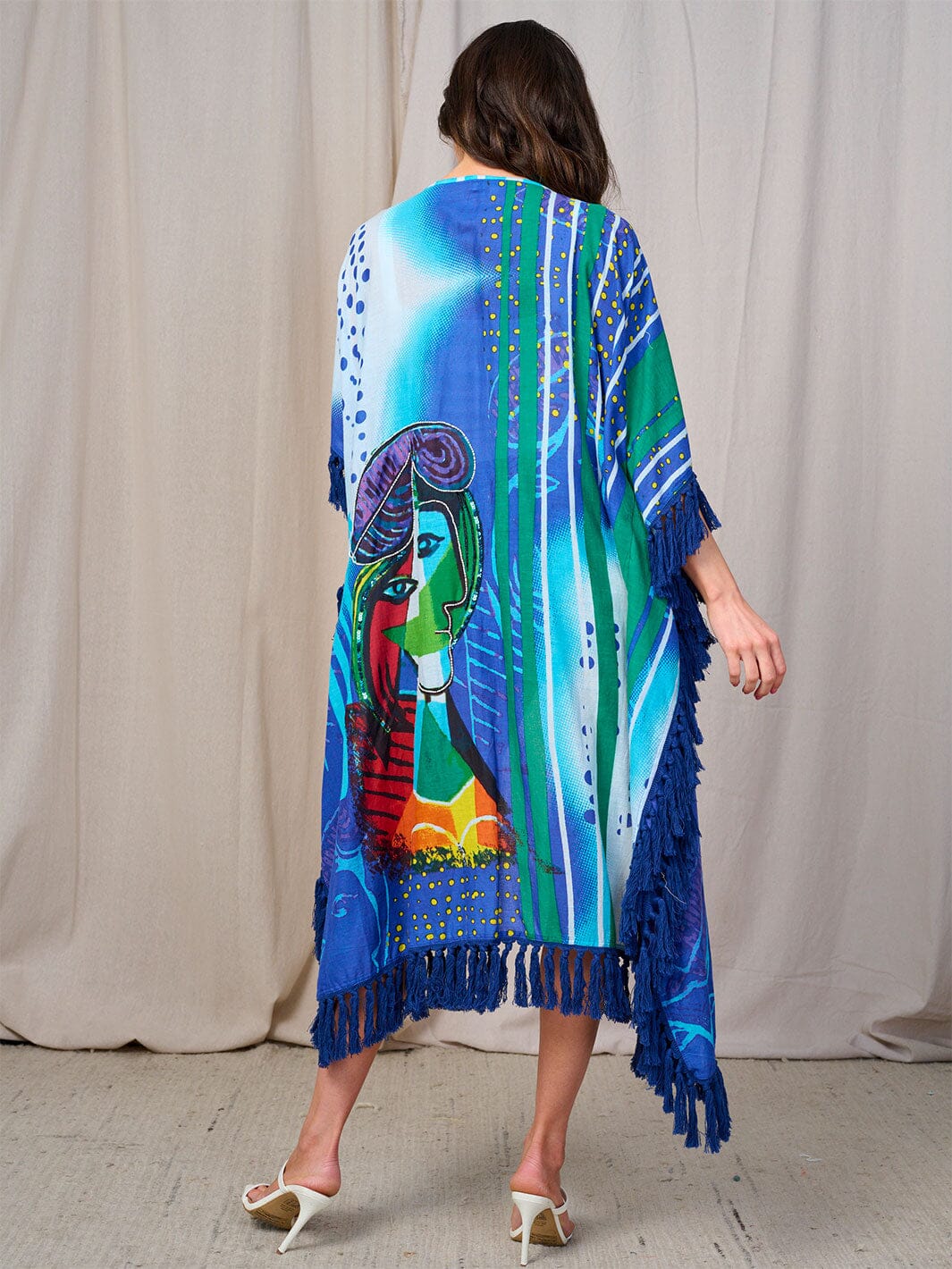 WOMEN'S 3/4 SLEEVES OPEN FRONT MULTI PRINT FRINGE KIMONO