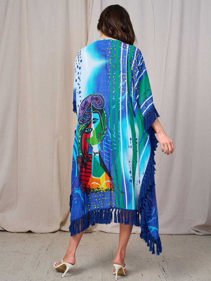 WOMEN'S 3/4 SLEEVES OPEN FRONT MULTI PRINT FRINGE KIMONO