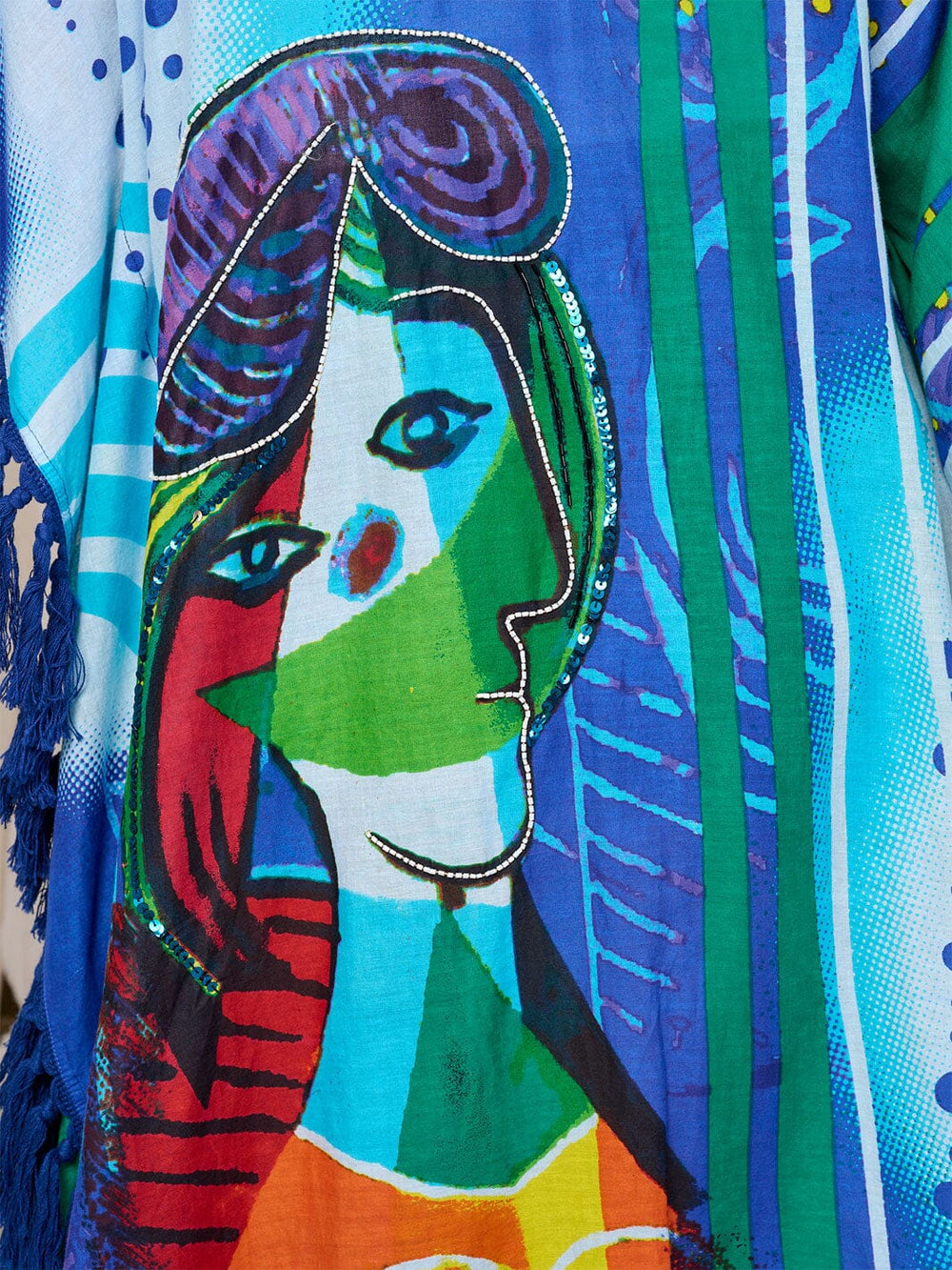 WOMEN'S 3/4 SLEEVES OPEN FRONT MULTI PRINT FRINGE KIMONO