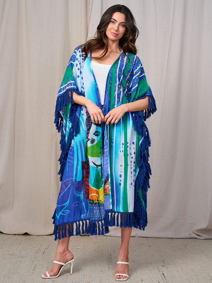 WOMEN'S 3/4 SLEEVES OPEN FRONT MULTI PRINT FRINGE KIMONO