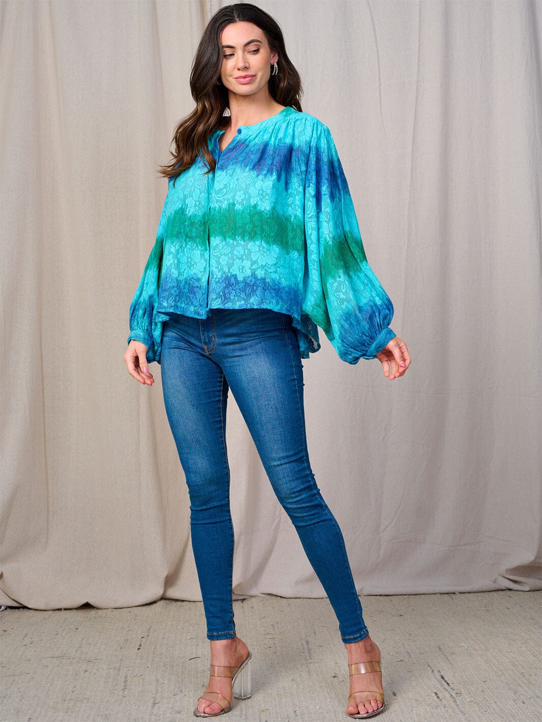 WOMEN'S LONG SLEEVE BUTTON UP FLORAL TIE DYE BLOUSE