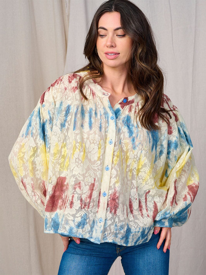 WOMEN'S LONG SLEEVE BUTTON UP FLORAL TIE DYE BLOUSE