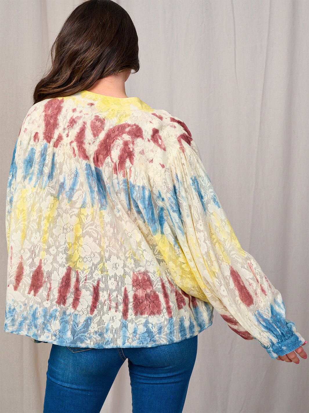 WOMEN'S LONG SLEEVE BUTTON UP FLORAL TIE DYE BLOUSE