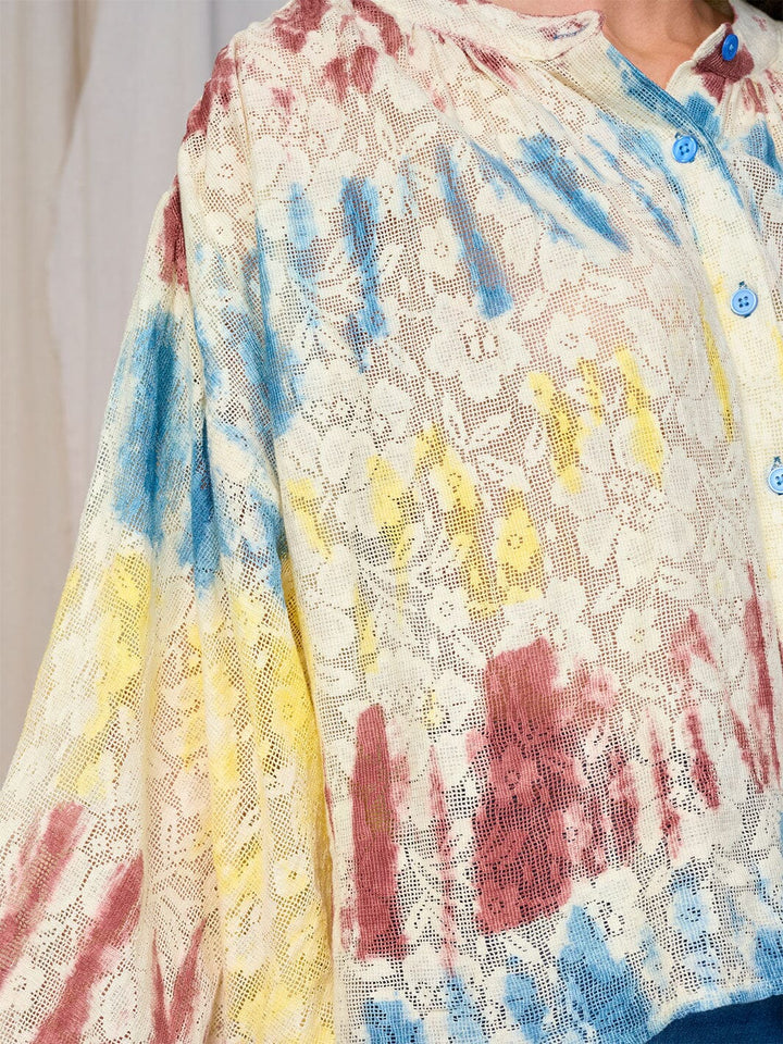 WOMEN'S LONG SLEEVE BUTTON UP FLORAL TIE DYE BLOUSE