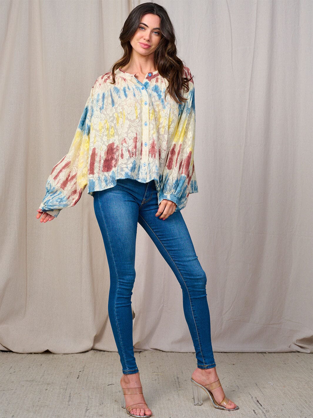 WOMEN'S LONG SLEEVE BUTTON UP FLORAL TIE DYE BLOUSE