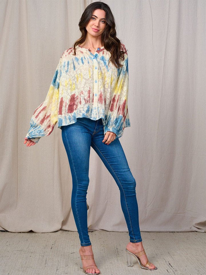 WOMEN'S LONG SLEEVE BUTTON UP FLORAL TIE DYE BLOUSE