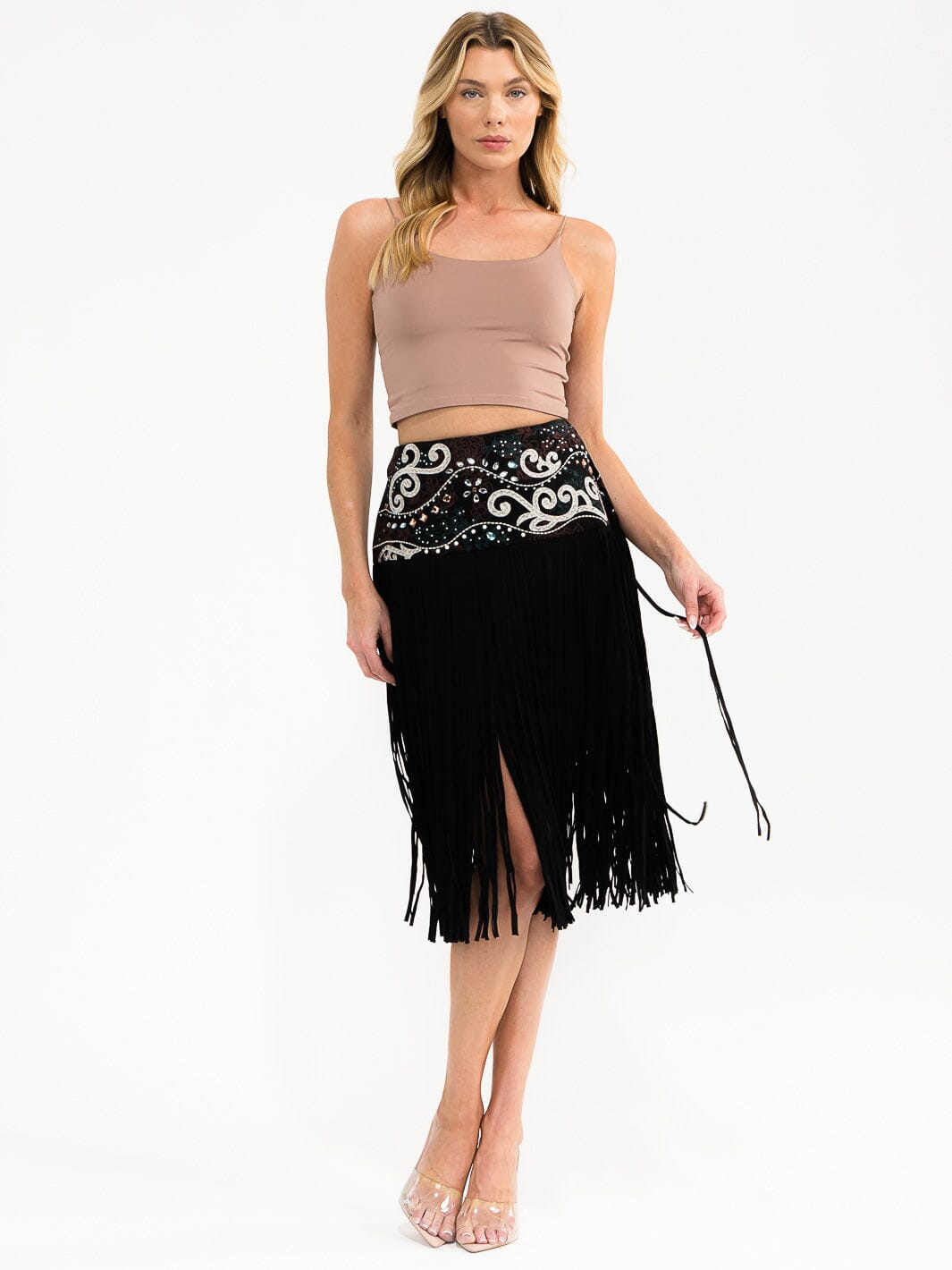 WOMEN'S ZIPPER CLOSURE EMBROIDERY FRINGE MIDI SKIRT