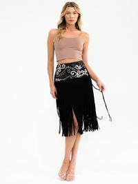 WOMEN'S ZIPPER CLOSURE EMBROIDERY FRINGE MIDI SKIRT