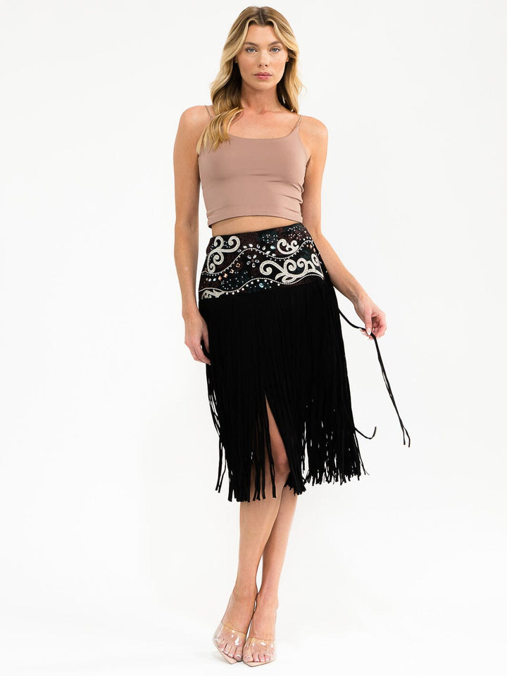WOMEN'S ZIPPER CLOSURE EMBROIDERY FRINGE MIDI SKIRT