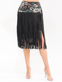 WOMEN'S ZIPPER CLOSURE EMBROIDERY FRINGE MIDI SKIRT