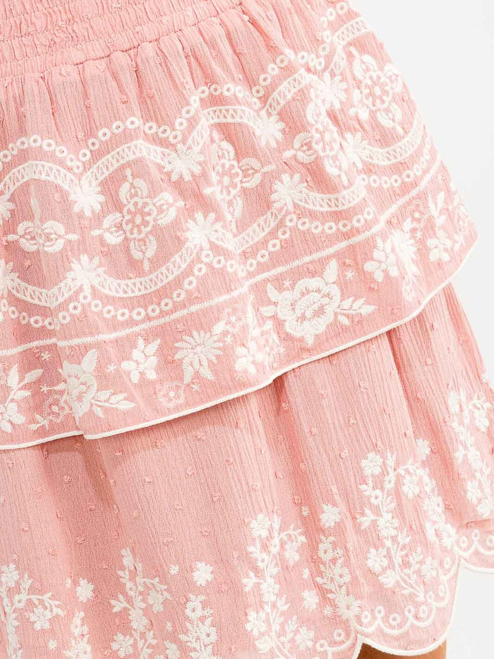 WOMEN'S ELASTIC WAIST TIERED RUFFLE EMBROIDERY MINI SKIRT