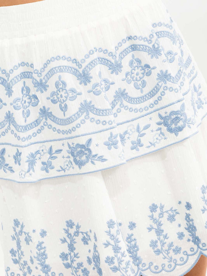 WOMEN'S ELASTIC WAIST TIERED RUFFLE EMBROIDERY MINI SKIRT