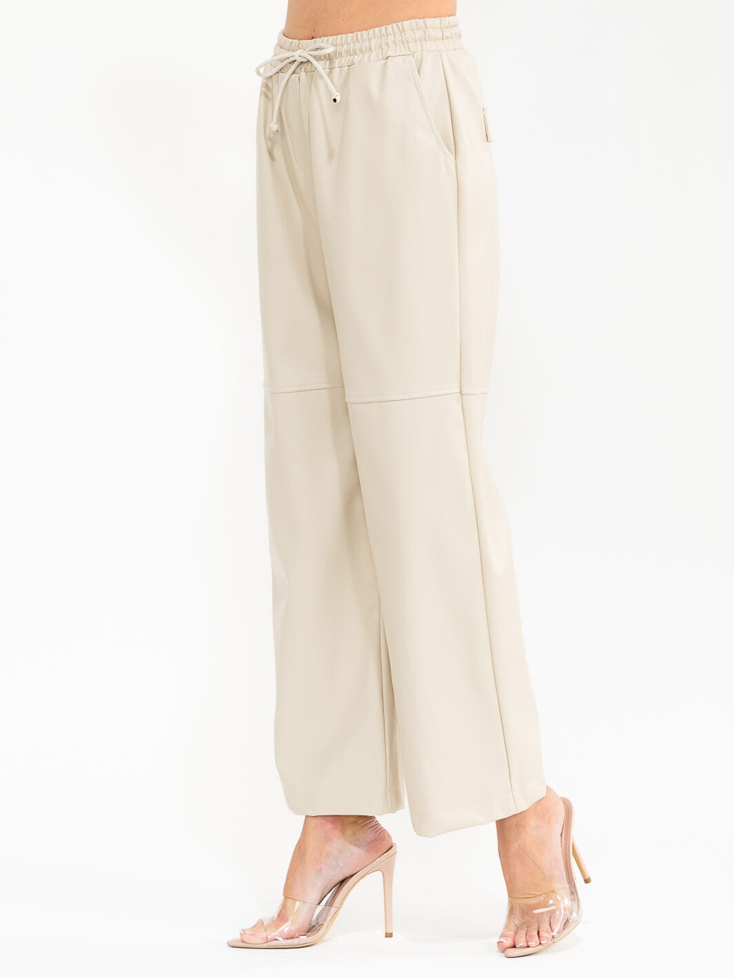 WOMEN'S ELASTIC WAIST POCKETS PU PLEATHER WIDE LEG PANTS