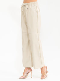 WOMEN'S ELASTIC WAIST POCKETS PU PLEATHER WIDE LEG PANTS