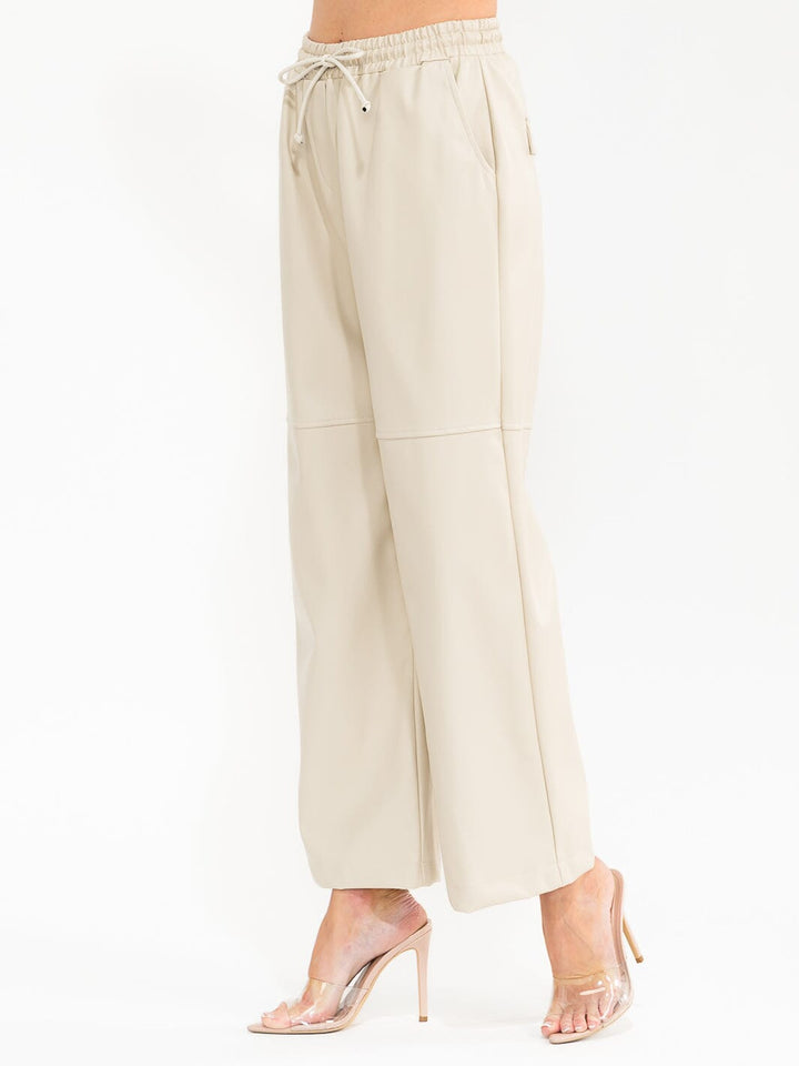 WOMEN'S ELASTIC WAIST POCKETS PU PLEATHER WIDE LEG PANTS