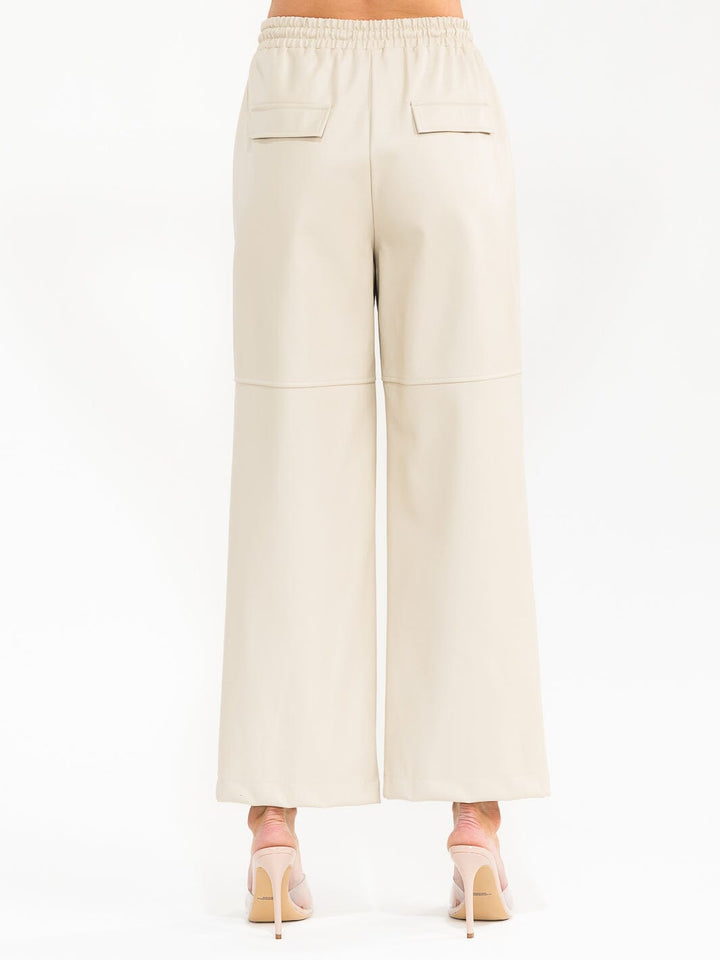 WOMEN'S ELASTIC WAIST POCKETS PU PLEATHER WIDE LEG PANTS