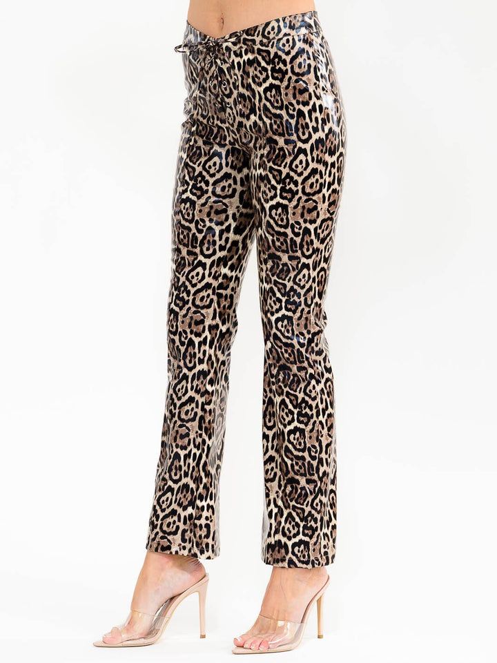WOMEN'S SELF TIE WAIST ANIMAL PRINT PU PLEATHER SKINNY LEG PANTS