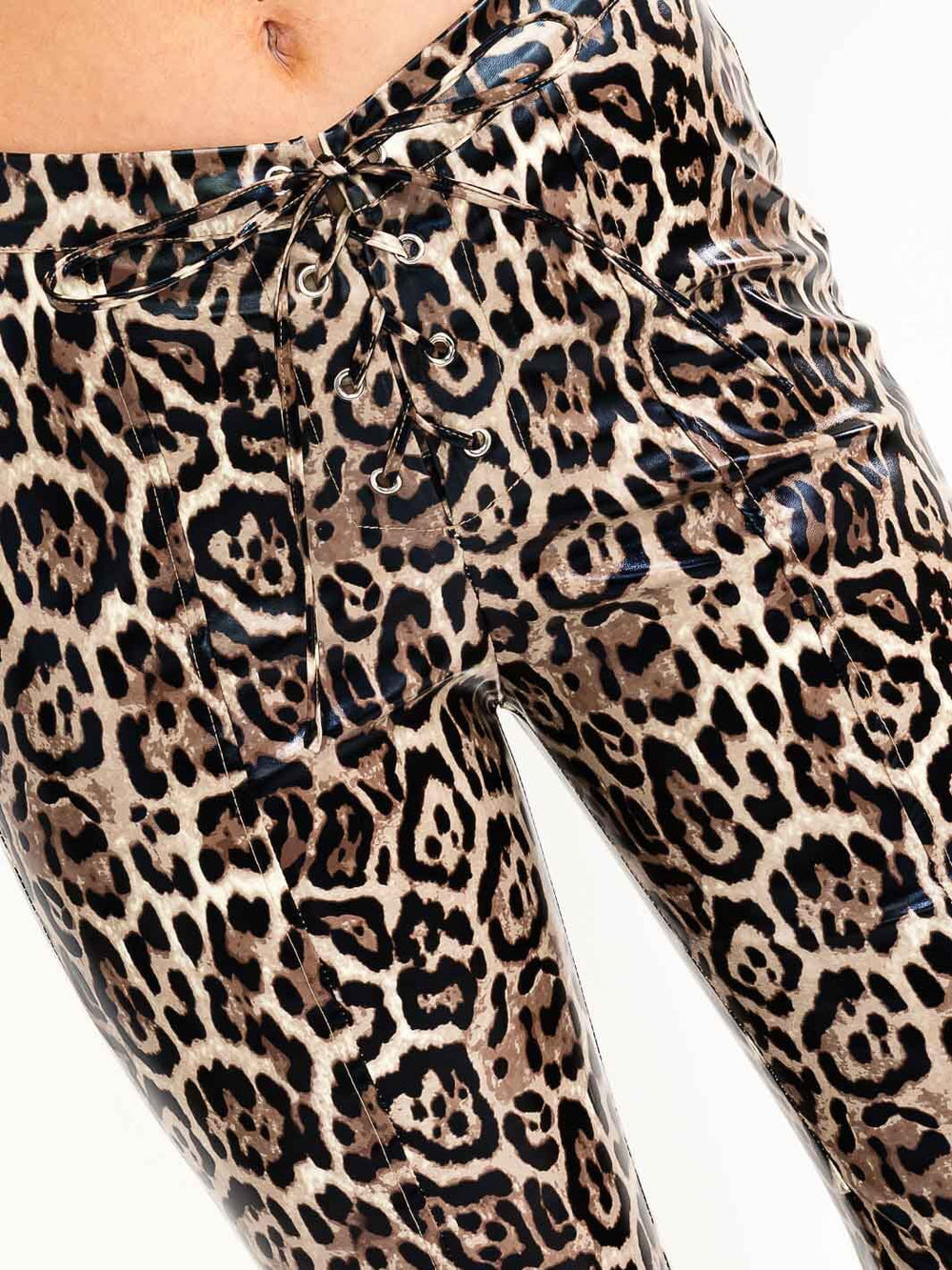 WOMEN'S SELF TIE WAIST ANIMAL PRINT PU PLEATHER SKINNY LEG PANTS