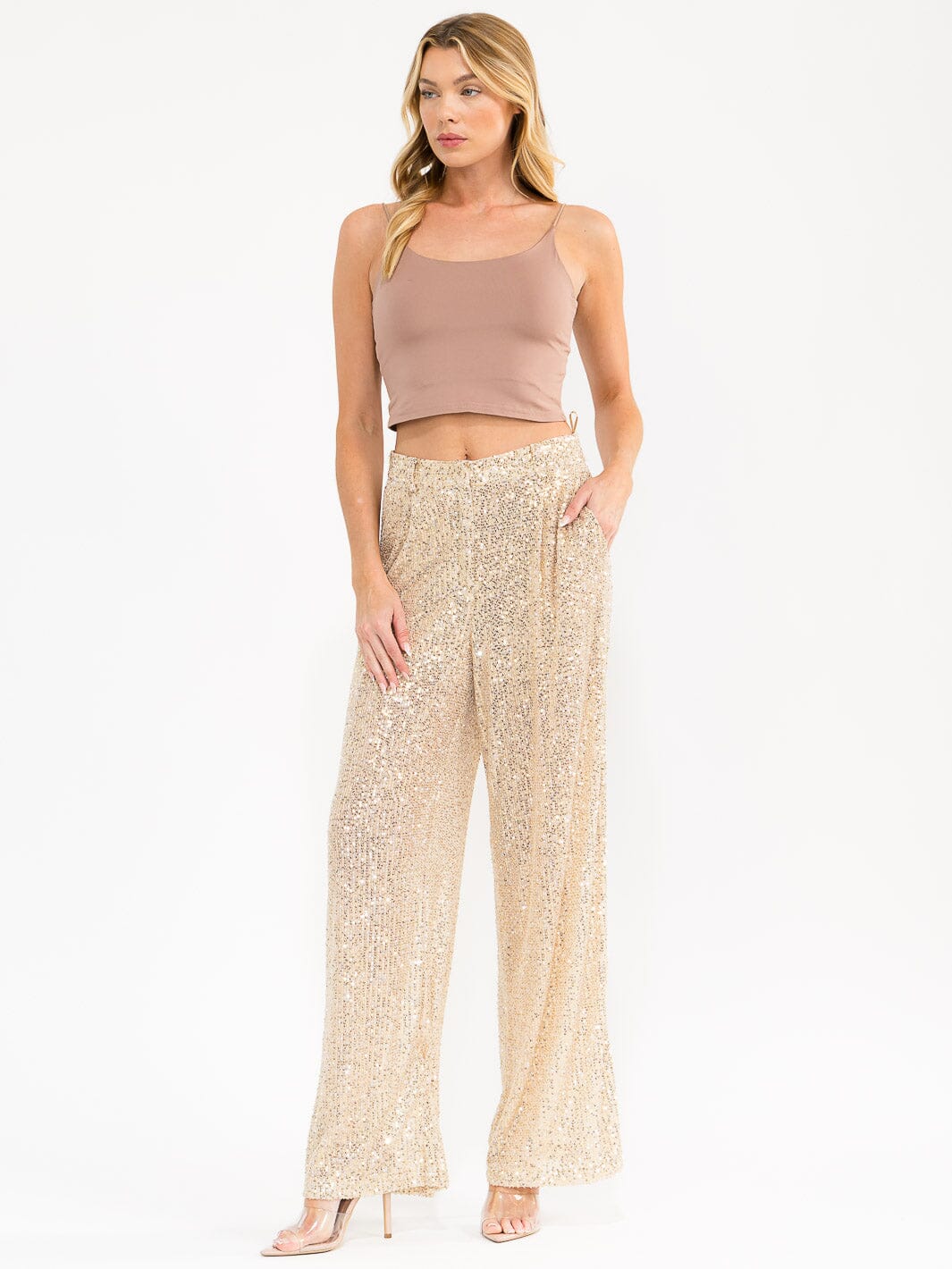 WOMEN'S BUTTON CLOSURE POCKETS SEQUINS WIDE LEG PANTS