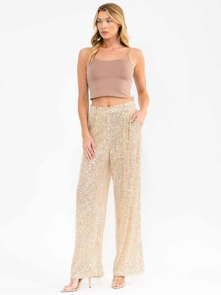 WOMEN'S BUTTON CLOSURE POCKETS SEQUINS WIDE LEG PANTS