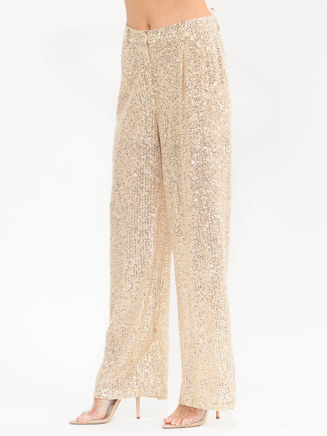 WOMEN'S BUTTON CLOSURE POCKETS SEQUINS WIDE LEG PANTS