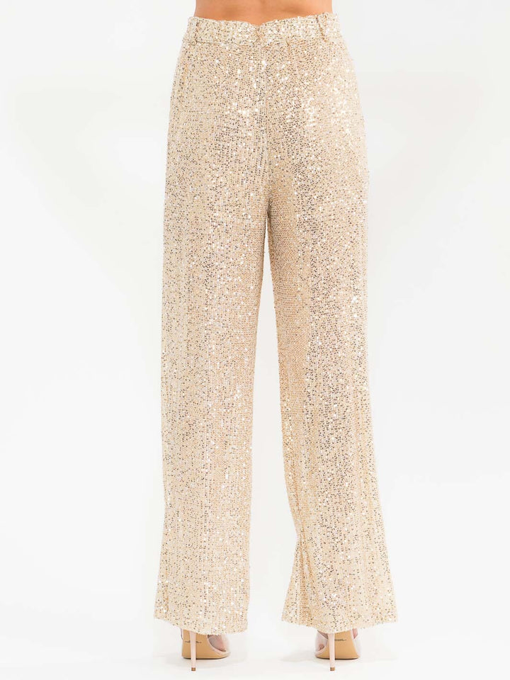 WOMEN'S BUTTON CLOSURE POCKETS SEQUINS WIDE LEG PANTS