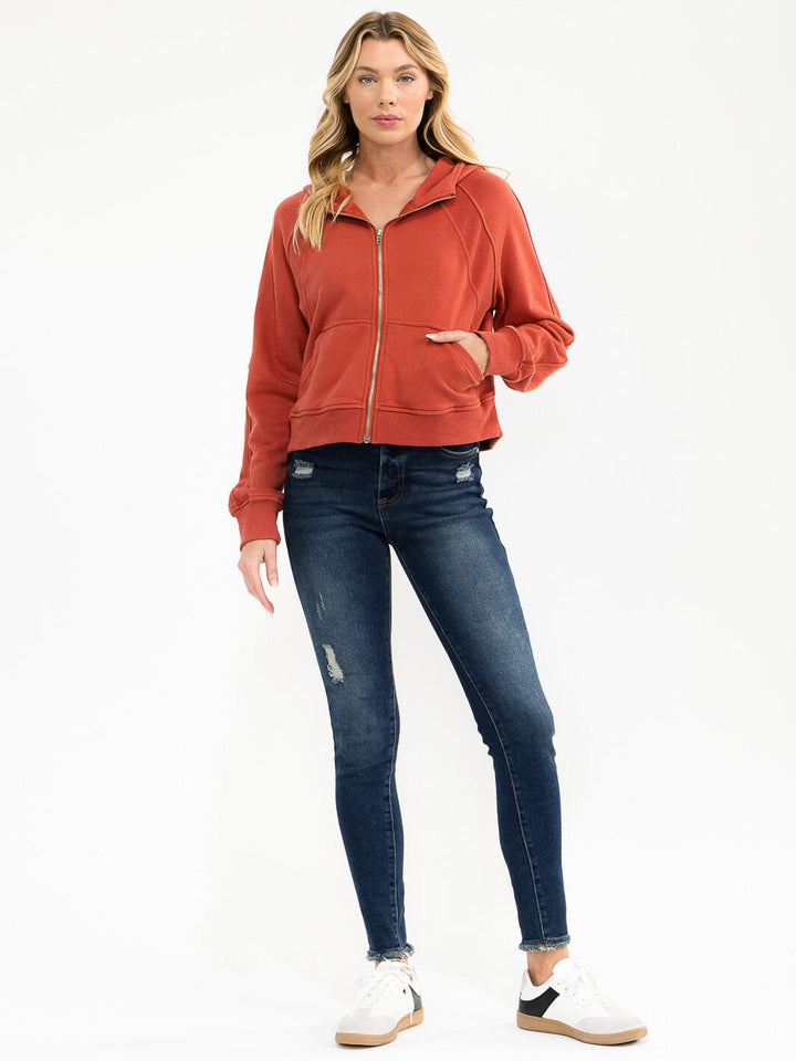 WOMEN'S LONG SLEEVE ZIPPER CLOSURE FRONT POCKETS HOODED SWEATER