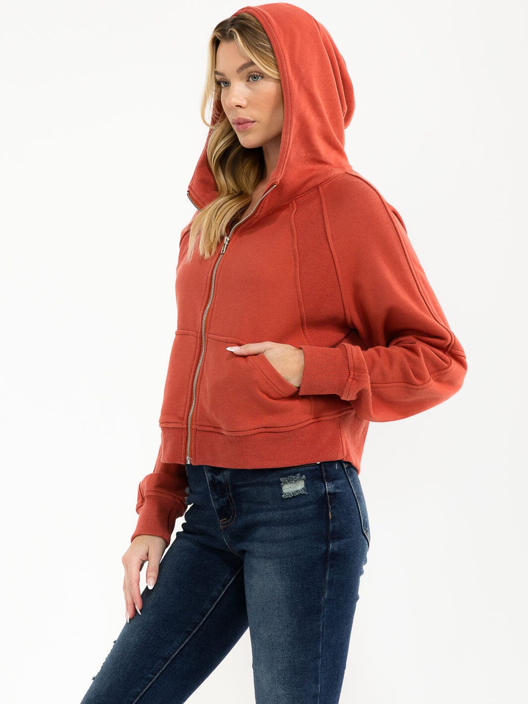 WOMEN'S LONG SLEEVE ZIPPER CLOSURE FRONT POCKETS HOODED SWEATER