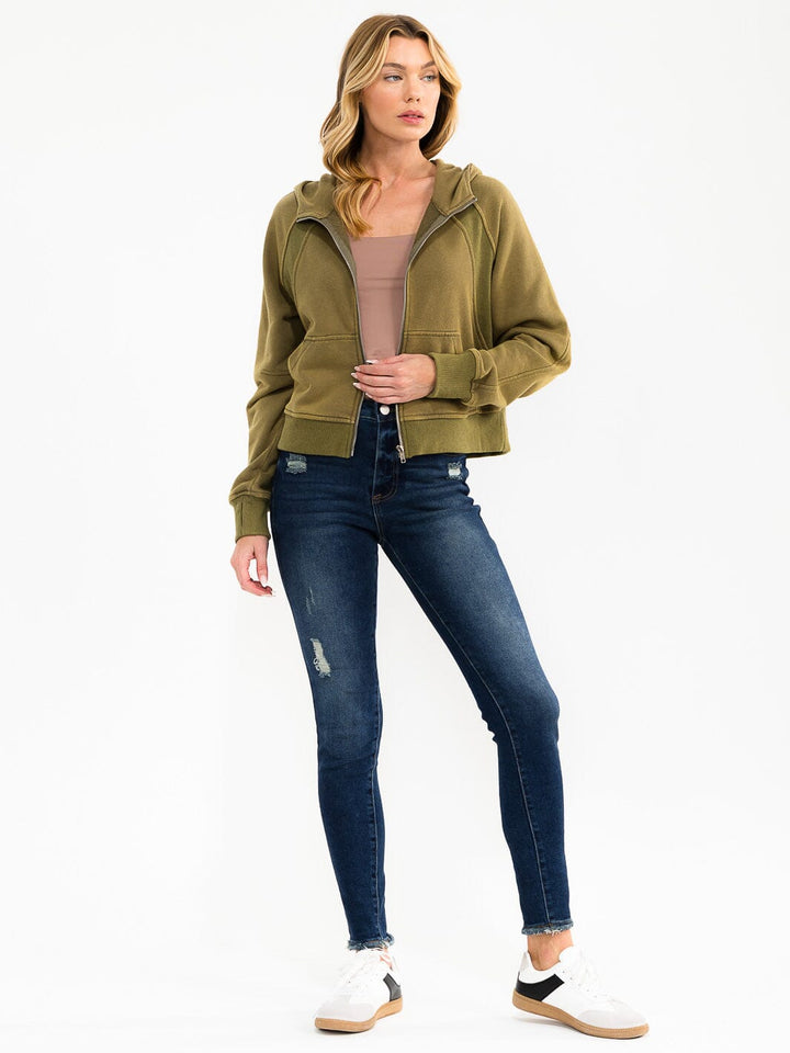 WOMEN'S LONG SLEEVE ZIPPER CLOSURE FRONT POCKETS HOODED SWEATER