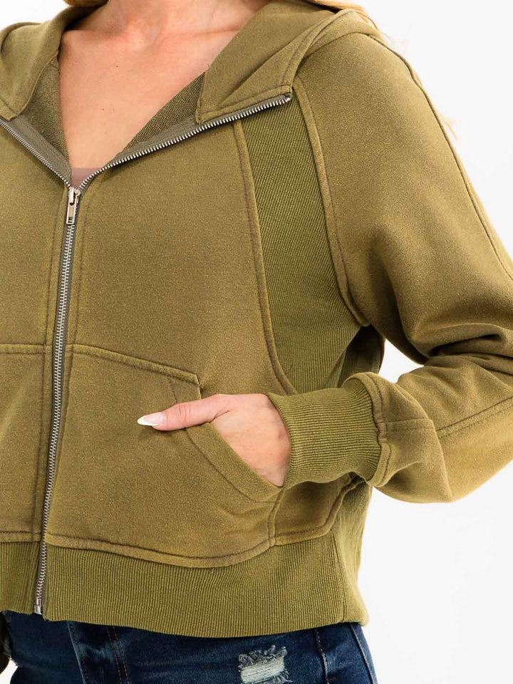 WOMEN'S LONG SLEEVE ZIPPER CLOSURE FRONT POCKETS HOODED SWEATER