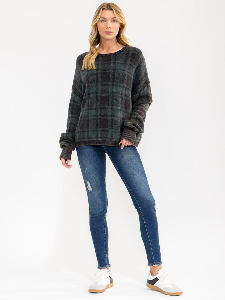 WOMEN'S LONG SLEEVE PLAID PULLOVER SWEATER